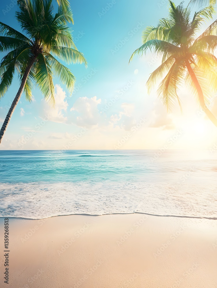 Obraz premium Tranquil beach scene with palm trees coastal paradise nature photography sunny environment serene viewpoint