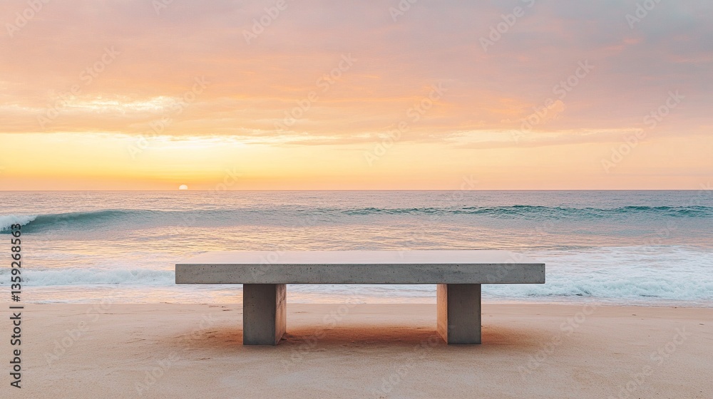 Minimalist concrete table on golden sandy beach, soft ocean waves in the background, pastel sunset hues, wide-angle capturing serene coastal simplicity. Minimalist concrete table on golden sandy beach, soft ocean waves in the background, pastel sunset hues, wide-angle capturing serene coastal simplicity.