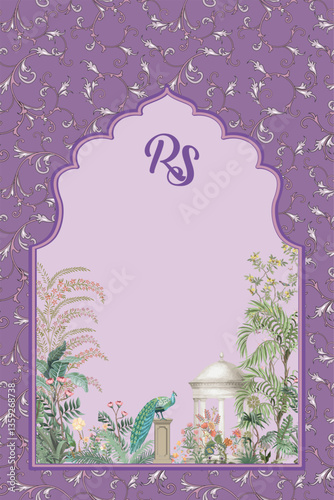 Mughal wedding card Design, Mughal garden Illustration, Mughal Arch, Peacock.