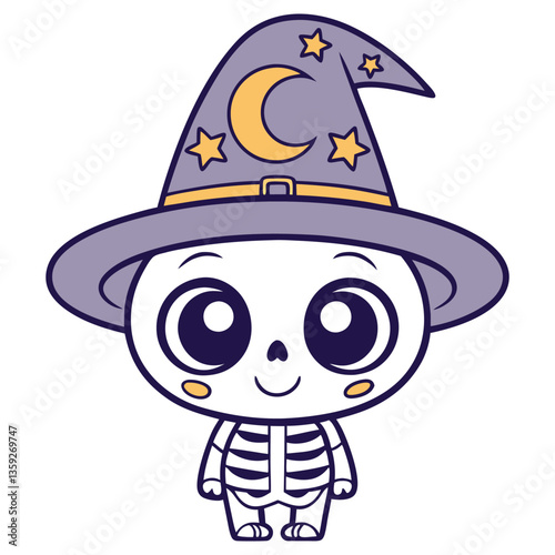 Cartoon Skeleton Character with Wizard Hat, Cute Halloween Decoration, Isolated on White
