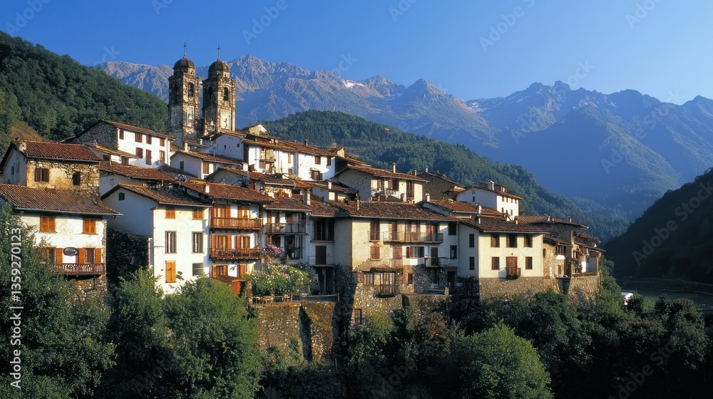 Obraz premium A charming village rests peacefully in the majestic mountainous landscape