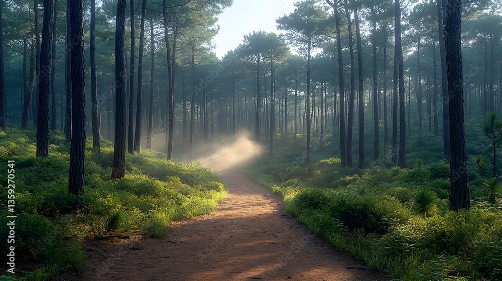 Fototapeta premium A path through the woods light filtering between the trees highlights paths surface Greenery surrounds the path lea