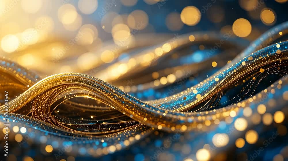 Abstract Digital Art Depicting Flowing Gold And Blue Ribbons With Bokeh Lights In Dreamy Atmosphere Abstract Digital Art Depicting Flowing Gold And Blue Ribbons With Bokeh Lights In Dreamy Atmosphere