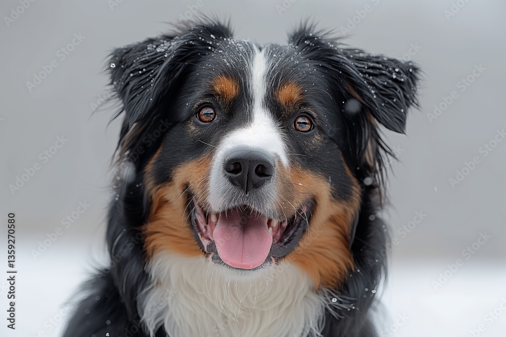 Fototapeta premium A joyful black and tan Australian Shepherd dog with a big smile, surrounded by falling snowflakes.