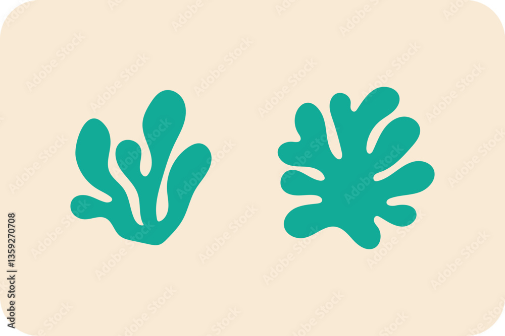 Two teal abstract organic shapes against a light background, reminiscent of sea life or coral patterns.