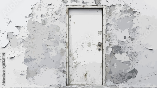 The image shows a vertically oriented close-up of a white door set within a wall. The wall exhibits significant deterioration, with large patches of peeling paint and crumbling plaster. The paint