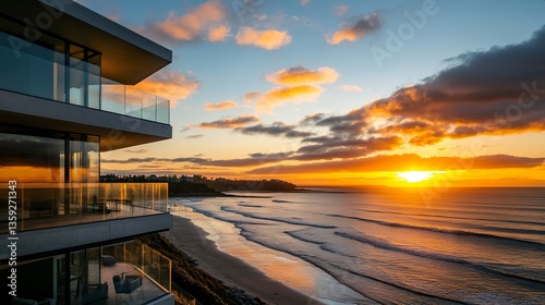 Wallpaper Mural Modern beachfront condo with expansive glass walls, a spacious balcony overlooking the ocean, golden sunset hues reflecting off the waves, serene and luxurious ambiance.  Torontodigital.ca