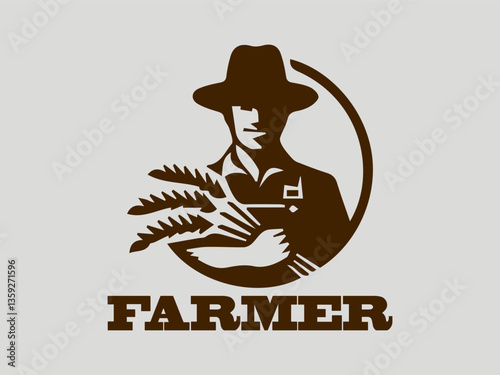 Silhouette of a farmer holding wheat against a farm landscape with sunburst, illustrated farmer portrait with cow silhouette, stylized illustration of  farmers with tools in a field and logo vector