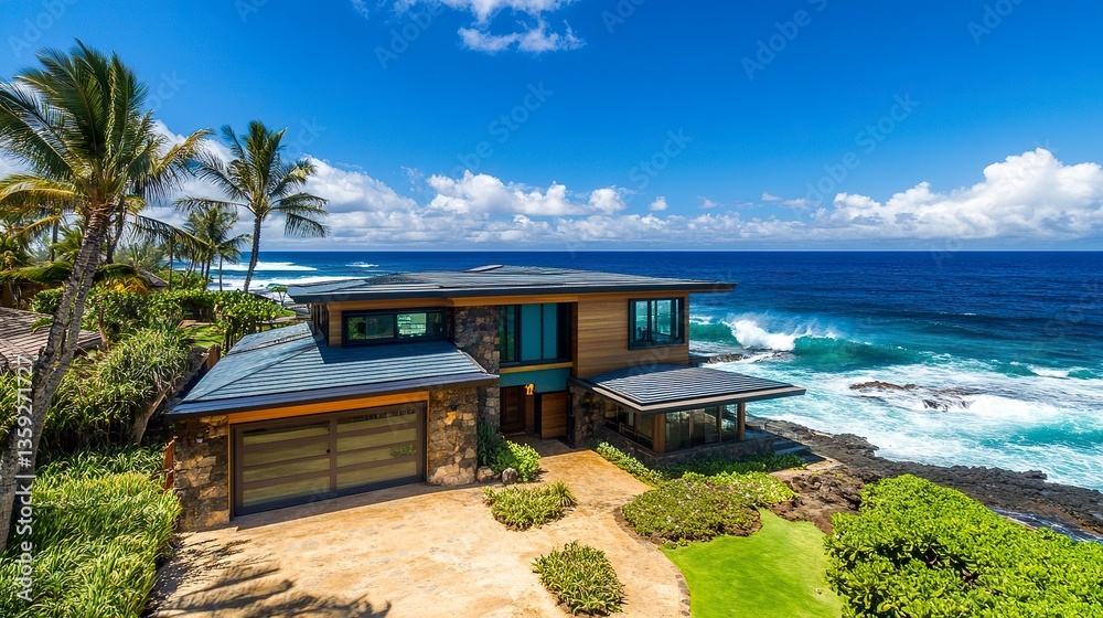 Fototapeta premium Modern beachfront property with azure green accents, rugged coastal stone facade, panoramic oceanfront views of crashing waves 