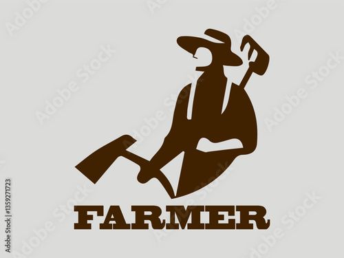 Silhouette of a farmer holding wheat against a farm landscape with sunburst, illustrated farmer portrait with cow silhouette, stylized illustration of  farmers with tools in a field and logo vector