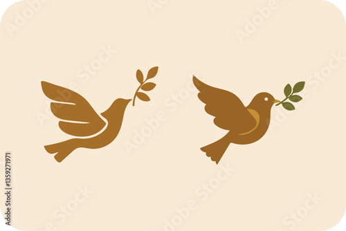 Two brown doves carrying olive branches, symbolizing peace and hope, against a light background.