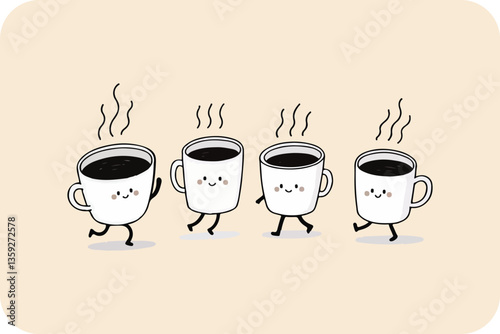 Four cheerful coffee mugs with faces and stick legs, steaming, against a light background, conveying warmth and energy.
