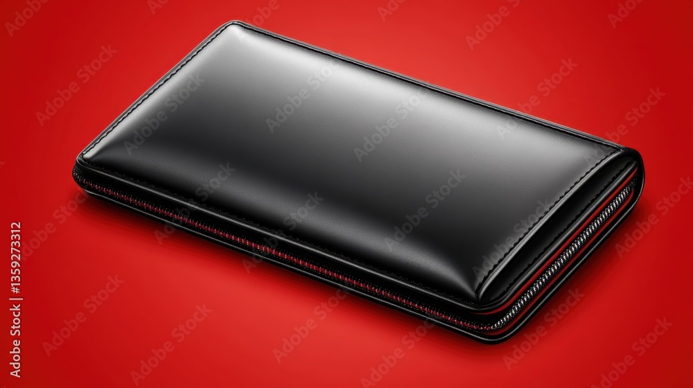 A sleek black leather wallet with a minimalist design, displayed on a vibrant red background. A sleek black leather wallet with a minimalist design, displayed on a vibrant red background.