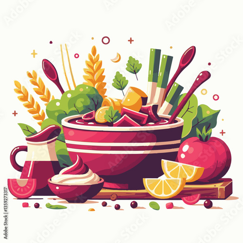 soup, food, borscht, bowl, ukrainian, dish, lunch, dinner, vegetable, beet, cream, cuisine, borsch, beetroot, red, meat, traditional, healthy, meal, homemade, hot, gourmet, plate, garlic, tasty, cooki