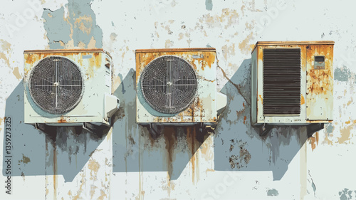 The image shows three rusty air conditioning units mounted on a wall with heavily weathered and peeling paint. The units exhibit significant rust and damage.  The wall's surface is uneven and shows