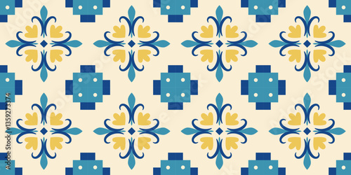 Mediterranean ornamental seamles pattern. Endless geometric border. Portugal, Mexican, Italian, Moroccan, Turkish, Spanish tiles backgroound. Blue and yellow ceramic decorative design. Vector.