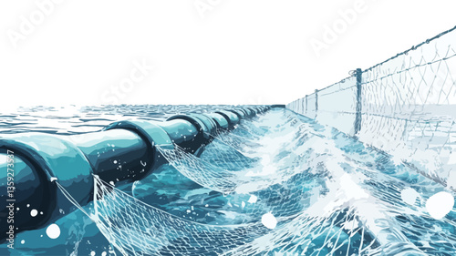 The image shows a long, dark-blue floating structure composed of several large pipes or tubes extending into the distance. The structure is partially submerged in turbulent, white-capped water. A