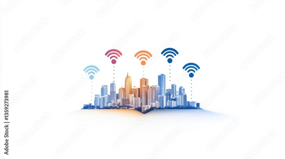 Fototapeta premium Cityscape with Wireless Signals Representing Connectivity and Technology