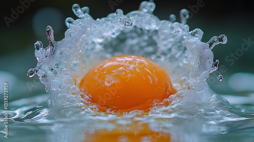 Egg Splashing in Water: An egg yolk is suspended in the water creating a beautiful splash captured at its finest moment. A study on color and form.