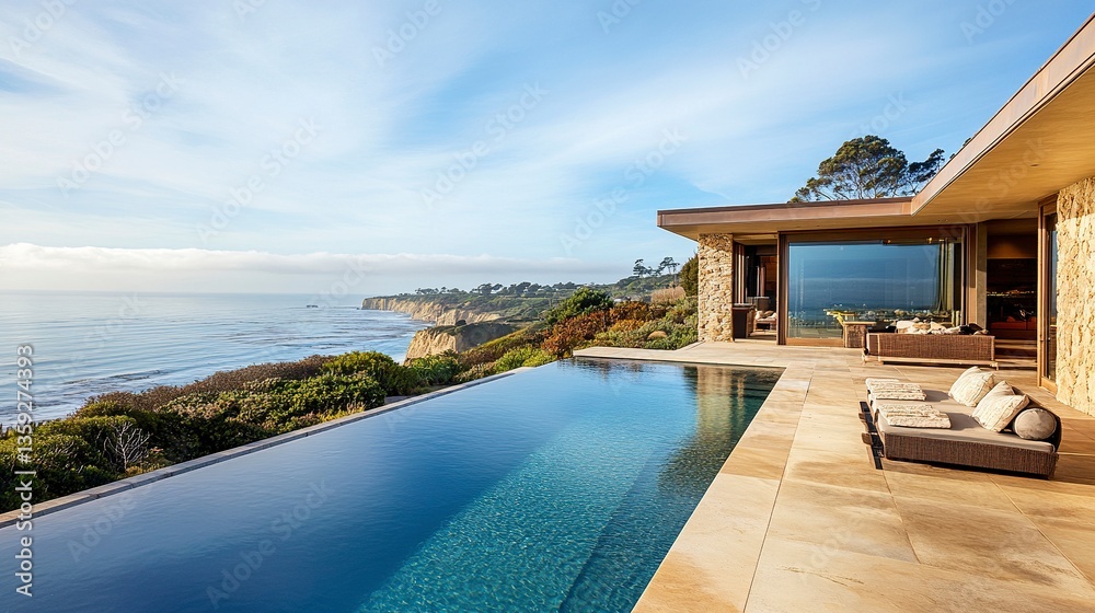 Fototapeta premium Modern luxury clifftop home, infinity pool shimmering under bright skies, pristine ocean views extending to the horizon, soft natural light 