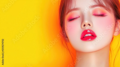 A beautiful person with bright makeup and closed eyes on yellow