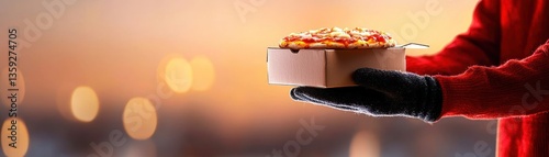 A person wearing gloves holding a pizza in a box