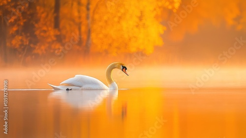 A Beautiful White Swan Swimming Gracefully In A Misty Golden Lake