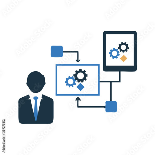 Businessman with process diagram and cogwheels