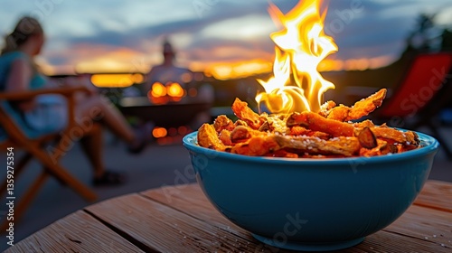 A bowl of fries on a table with flames burning brightly