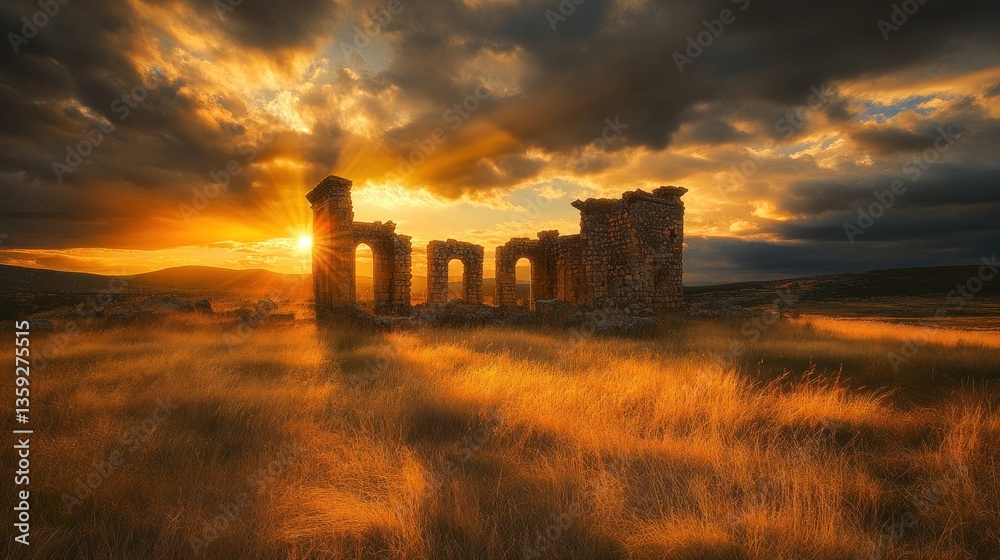 Obraz premium A ruined stone building is illuminated by the setting sun