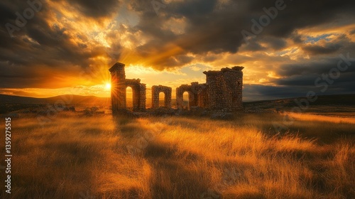 A ruined stone building is illuminated by the setting sun