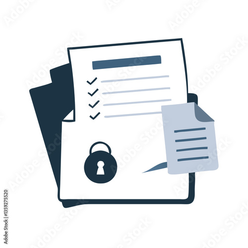 Checklist documents with security padlock and paper sheet icon