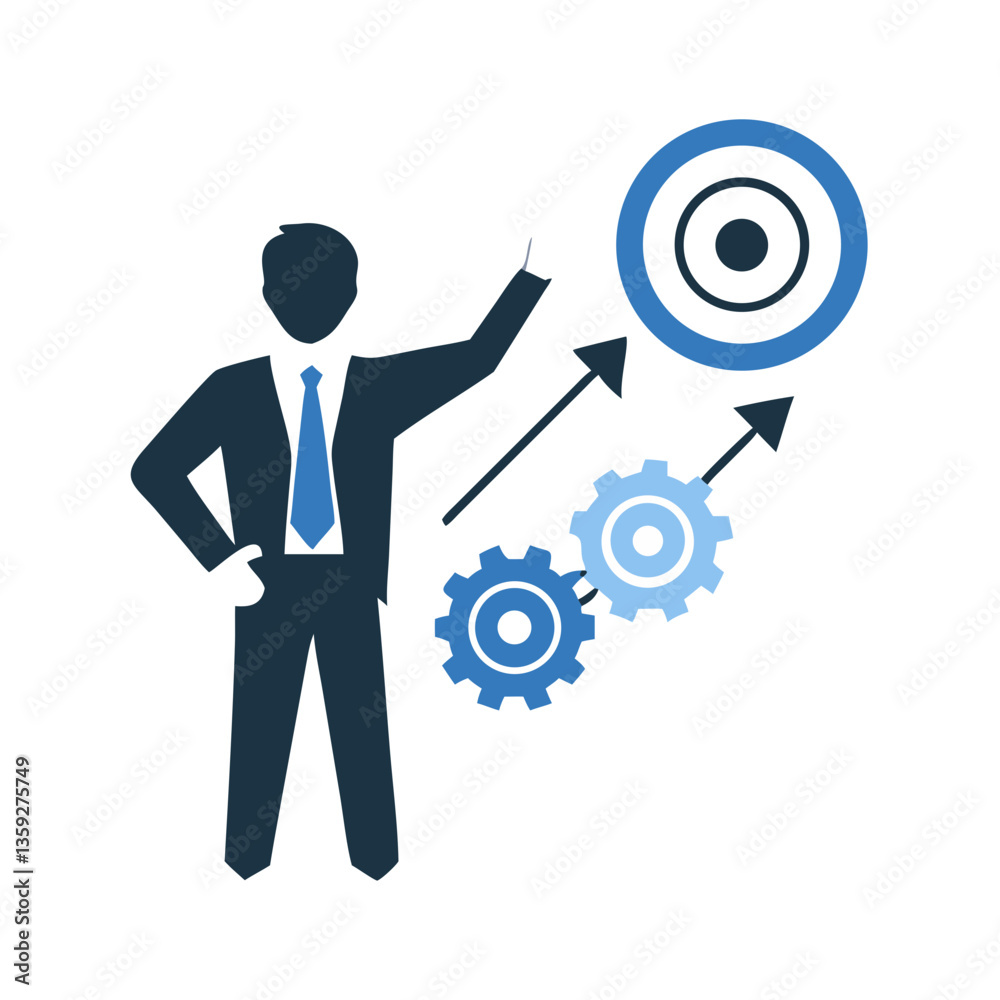 Businessman pointing to target and growth gears Businessman pointing to target and growth gears