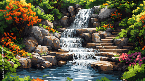 A pixelated waterfall cascades over rocks surrounded by lush greenery and vibrant flowers creating a tranquil and pict