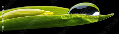 A transparent water droplet rests on a vibrant green leaf
