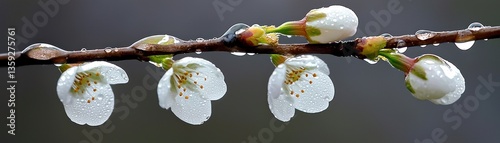 Close up image of a flowering branch with water droplets