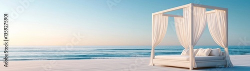 A serene outdoor bed scene beside the ocean on a beach