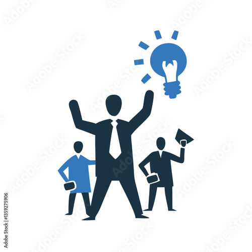 Leader raising hands with idea bulb and team behind