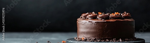 A delicious chocolate cake sits on a grey surface perfectly