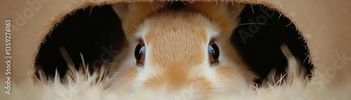 A cute rabbit peeking cautiously from its protective burrow entrance