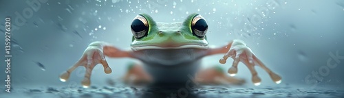 A Small Green Frog Is Standing In The Wet Rain