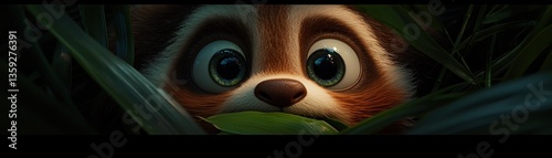 A curious raccoon peeks through lush green foliage with wide eyes