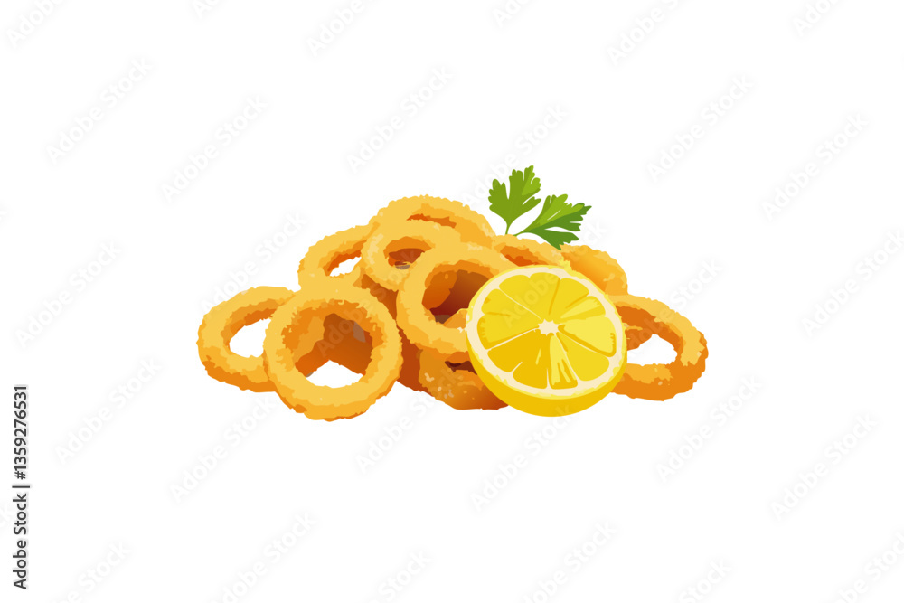 anillos de calamares fritos con una rodja limón, ultra realista.