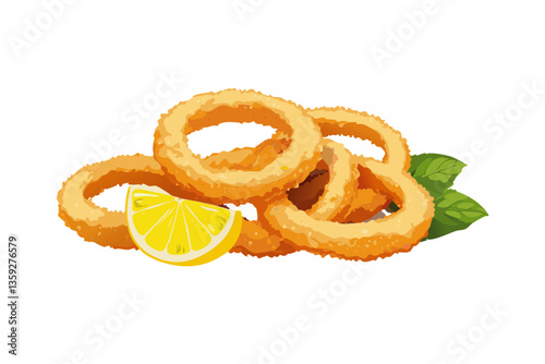 anillos de calamares fritos con una rodja limón, ultra realista.