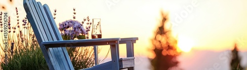 A wooden chair with flowers and a drink at sunset