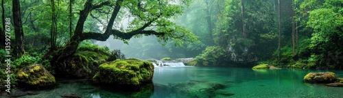 A serene landscape featuring a lush forest and tranquil body of water