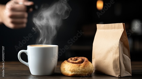 A steaming cup of coffee with a cinnamon bun and bag