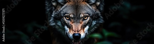 A stern faced wolf staring intently towards the camera