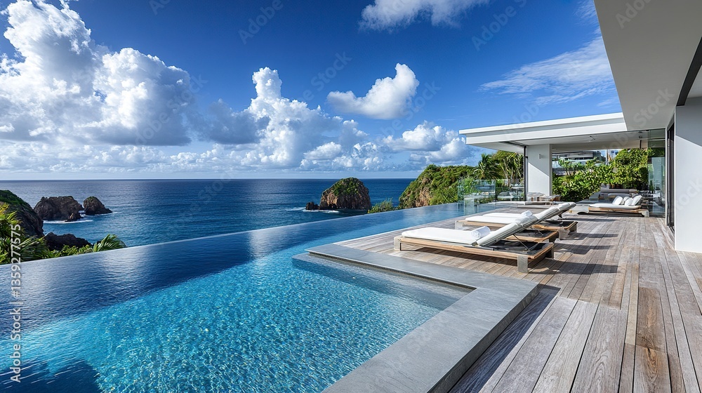 Fototapeta premium Modern seaside villa, luxurious pool with crystal reflections, sunbeds on a deck, horizon blending ocean and sky 