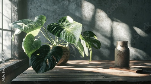 A beautiful houseplant sits near a window in a home